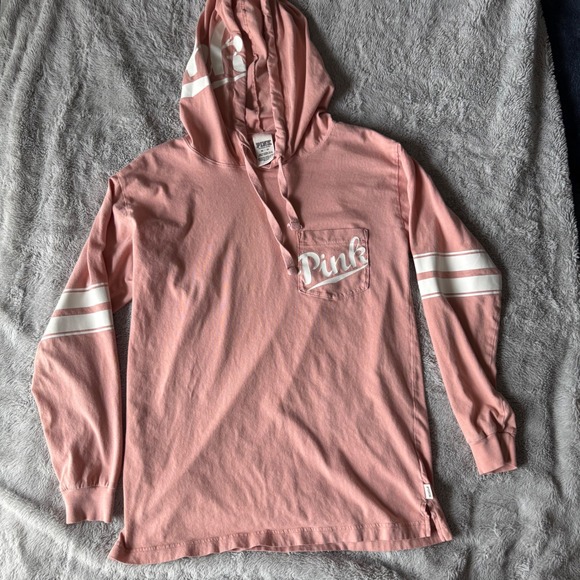 PINK Victoria's Secret Tops - PINK Victoria's Secret Hooded Long Sleeve Tee Pink Varsity Striped XS Y2K